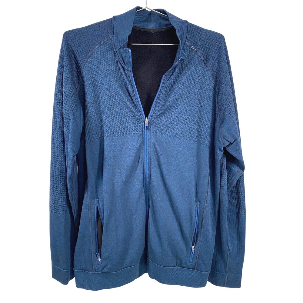 Lululemon Jacket Mens 2XL Blue Full Zip Merino‎ Wool Blend Knit Pockets Raglan